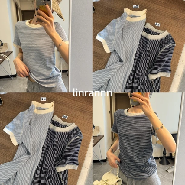 林苒苒 简约ins感博主调性条纹撞色明线设计短袖T恤