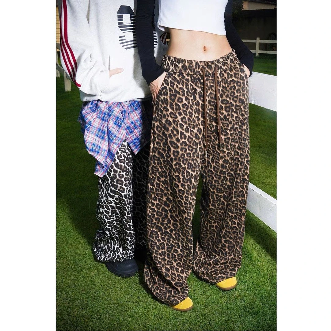 美式个性豹纹休闲裤男女2025春季潮牌直筒裤子宽松垂感休闲长裤