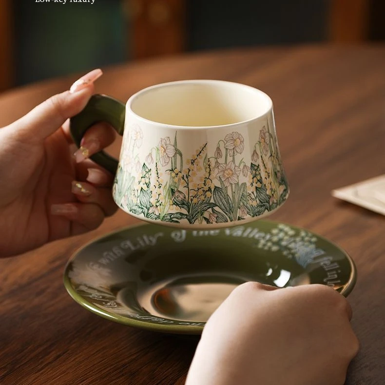 油画兰花春日气息咖啡杯套装手礼杯子陶瓷高级感伴女生礼盒装礼物