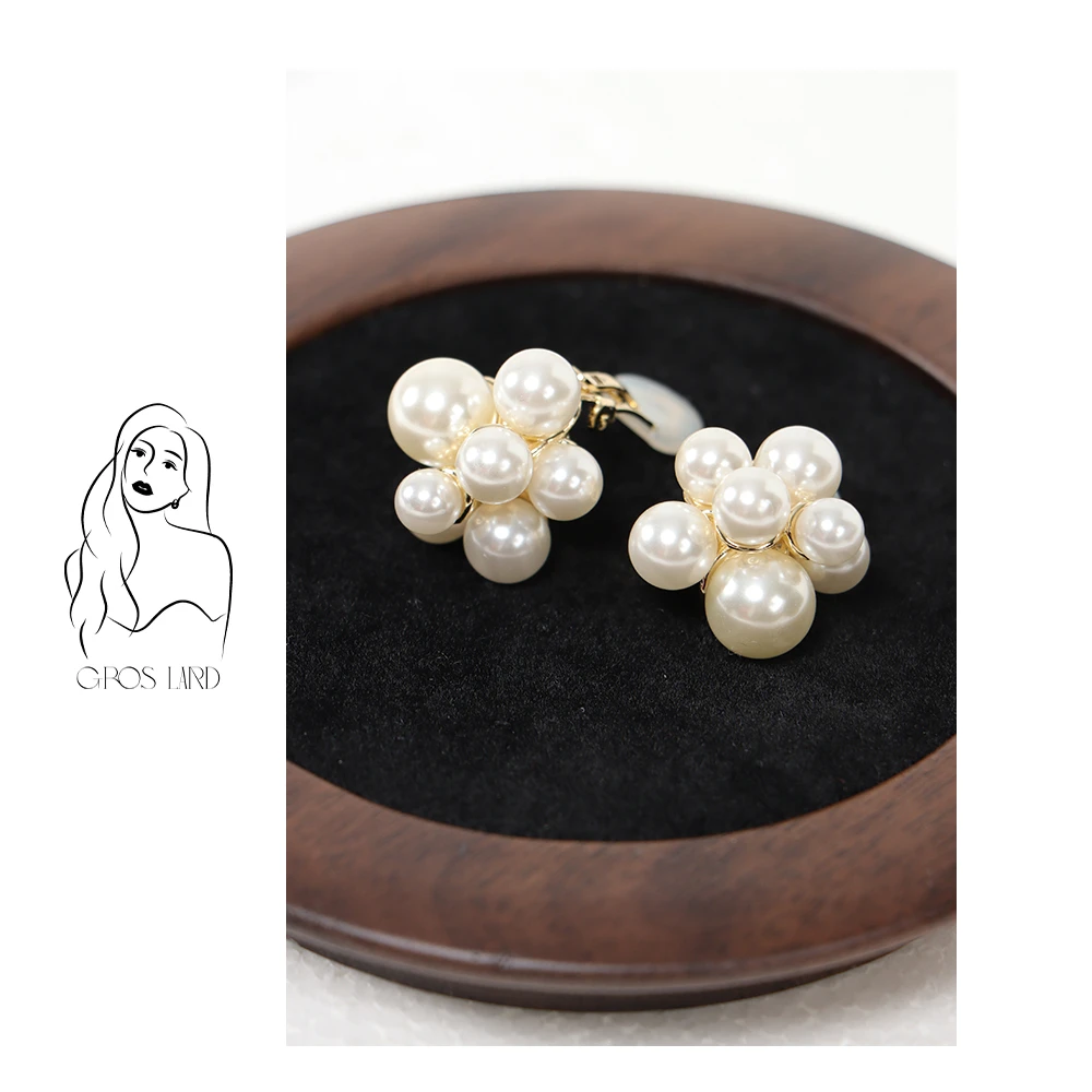 非金属耳饰 多肉珍珠立体花朵耳夹DK2172