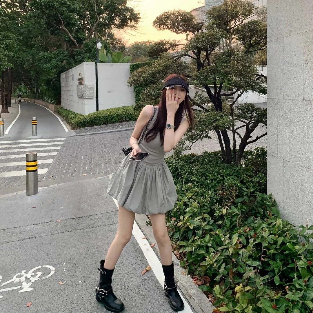 QYao Girls无袖背心连衣裙女小个子2025夏新款千金风花苞蓬蓬裙