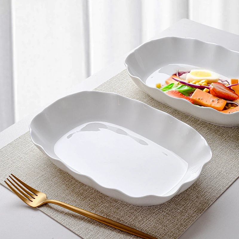 【2只装】纯白花型10.5英寸鱼盘异形盘多功能陶瓷焗饭盘蒸鱼盘家用