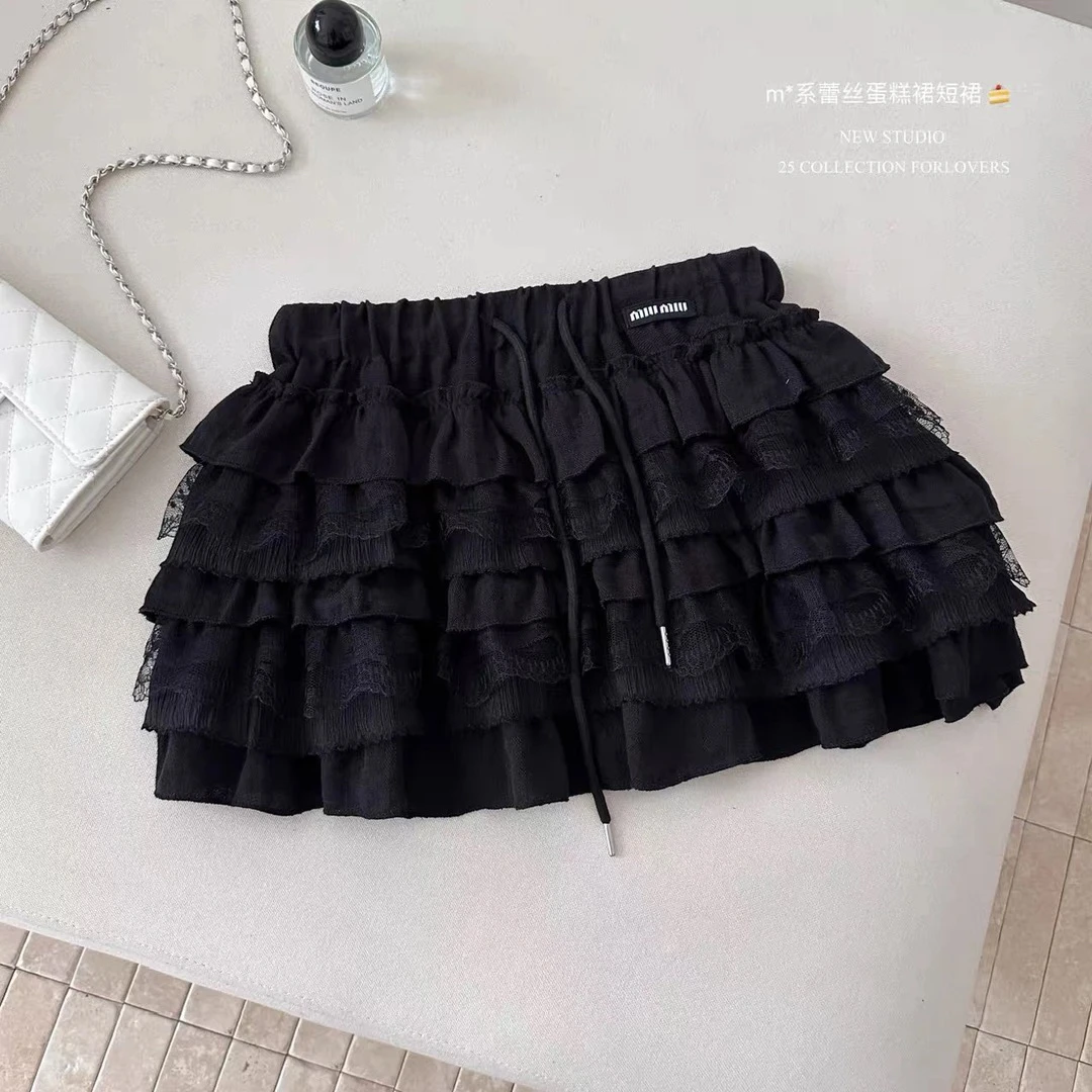 黑色杏色灰色抽绳蛋糕裙防走光欧货质感蕾丝拼接高腰显瘦半身短裙