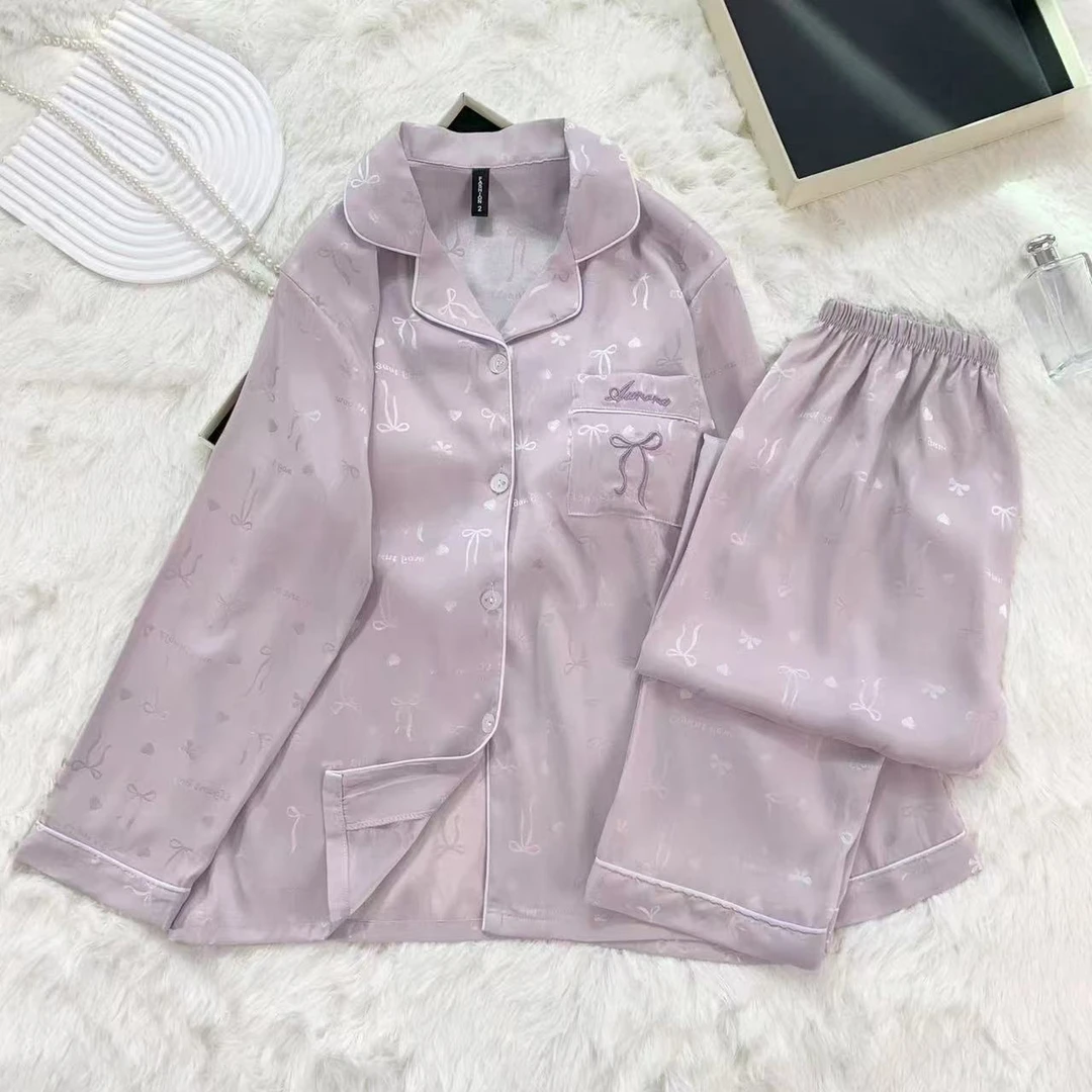 春季上新丝柔淡雅睡衣带杯垫气质优雅高级透气亲肤长袖长裤1646