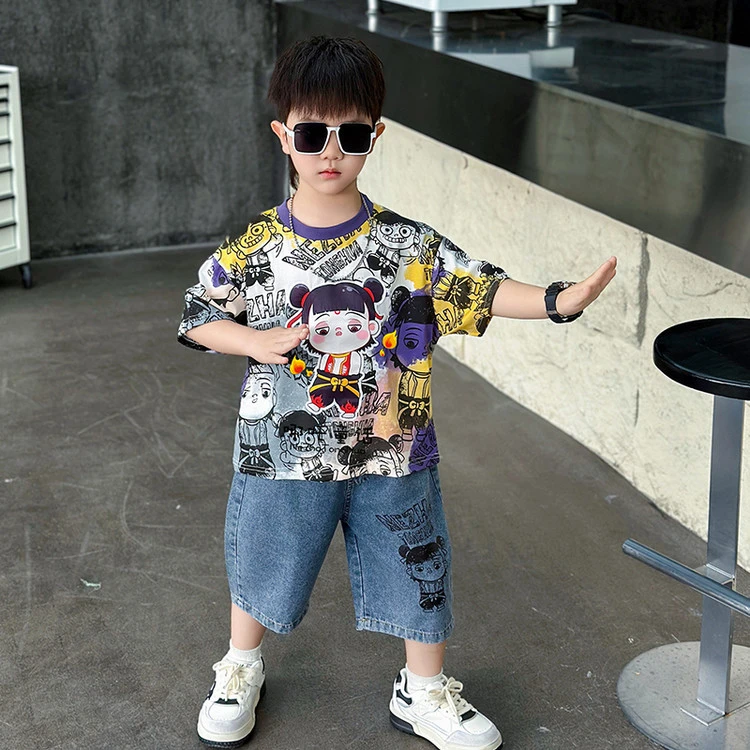 哪吒衣服2025新款男童夏季套装帅气休闲宝宝短袖夏装儿童夏日穿搭