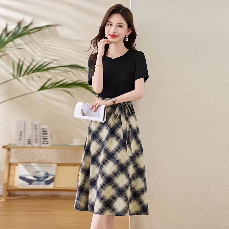 拼接格子裙2025爆款现货夏季新款高级洋气爆款大气女神减龄连衣裙