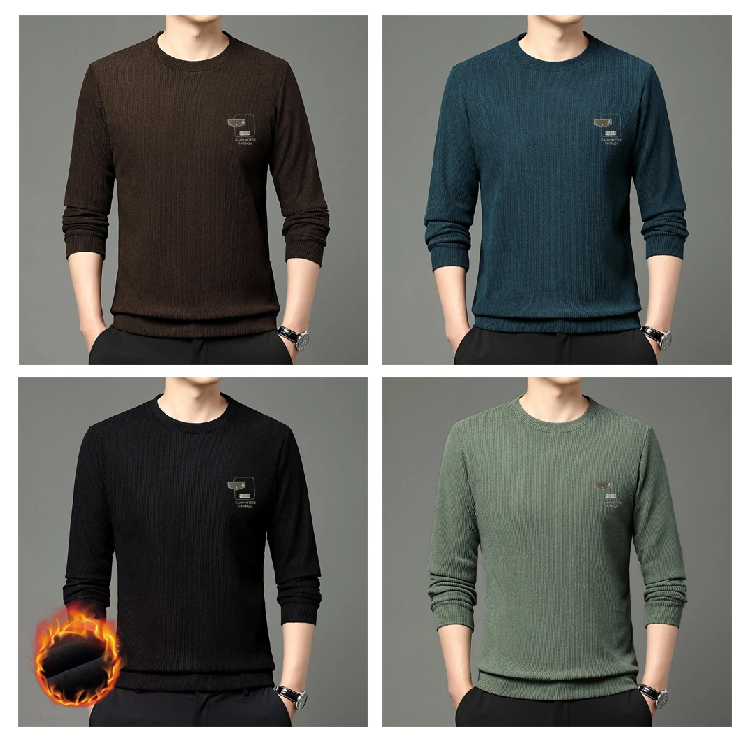 冬季中年男装圆领加绒保暖体恤衫休闲宽松长袖男士加厚套头T恤
