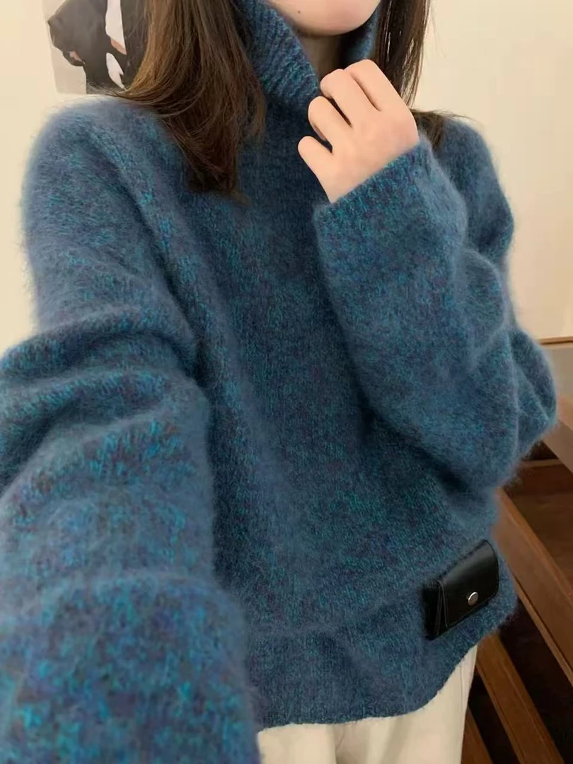 羊绒拉毛螺纹高领慵懒风软糯针织显瘦针织衫 919