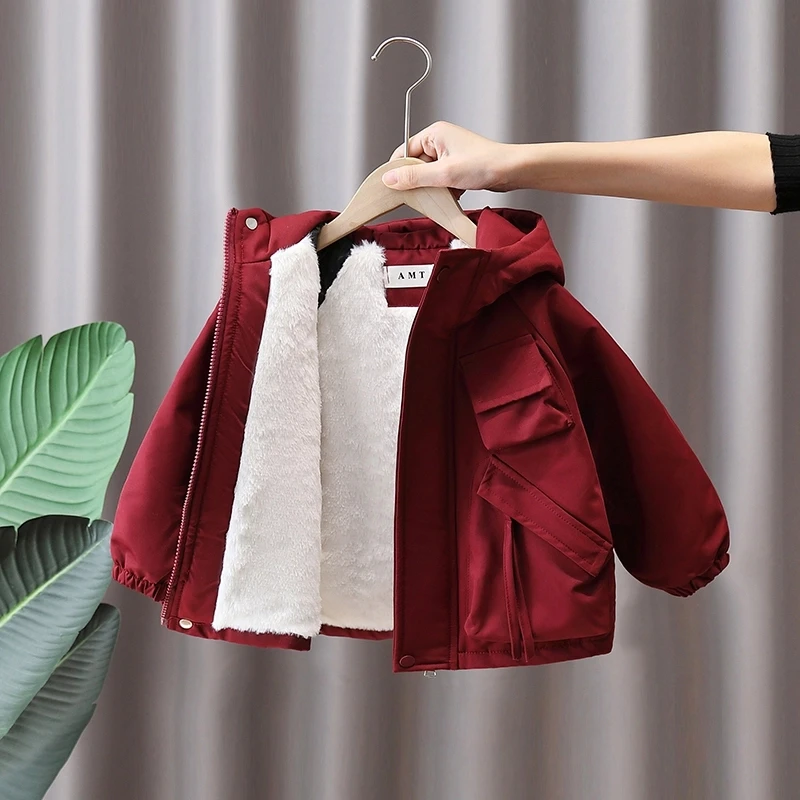 男童红色派克服秋冬款2025新款冬季连帽棉服痞帅儿童加绒加厚棉衣