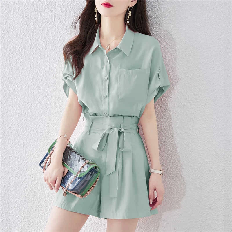 短袖衬衫阔腿短裤两件套装一整套宽松休闲减龄洋气工装时尚女夏季