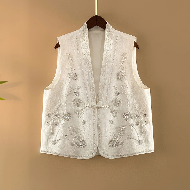 【半夏】春夏2025新款国风马甲女装新中式V领亮片绣花气质马夹外套