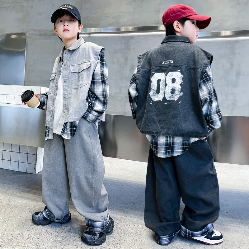 大码男童春秋季牛仔套装假两件5-15岁中大童时髦帅气两件套儿童潮