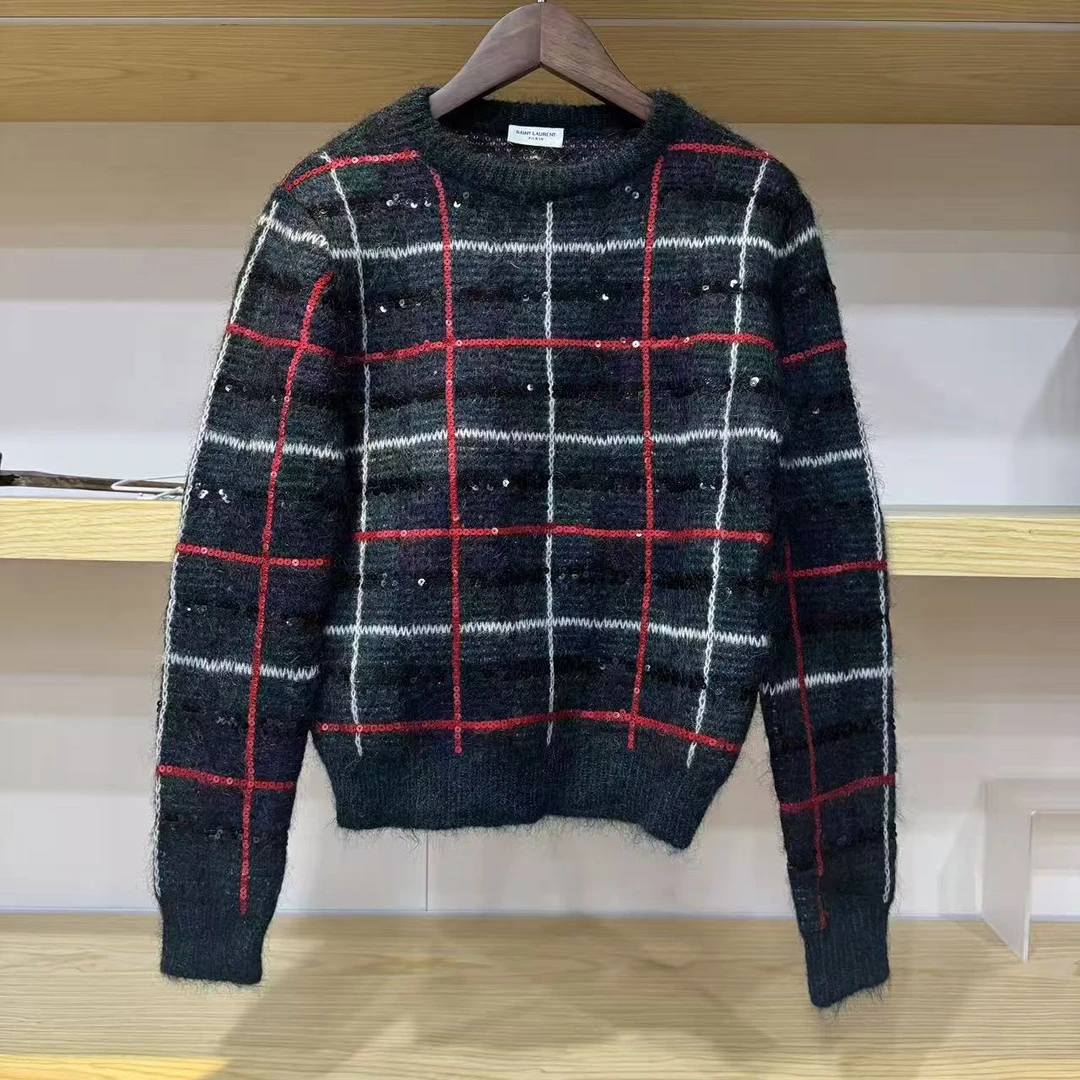 99新 YSL/圣罗兰 二手奢侈品YSL圣罗兰墨绿红闪片针织格纹毛衣 h6