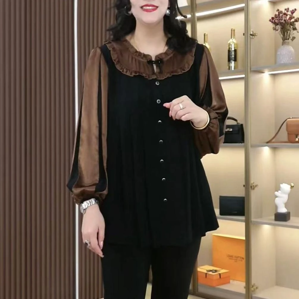 丹思慕秋季新款大码女装气质时尚拼接宽松盘扣显瘦上衣241216