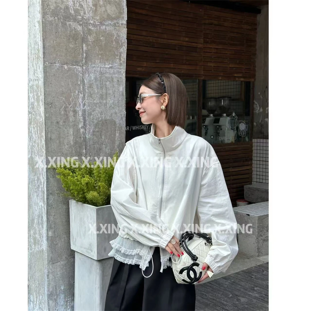X.x.春韩系减龄运动风拼接蕾丝花边设计抽绳外套上衣C32-13607