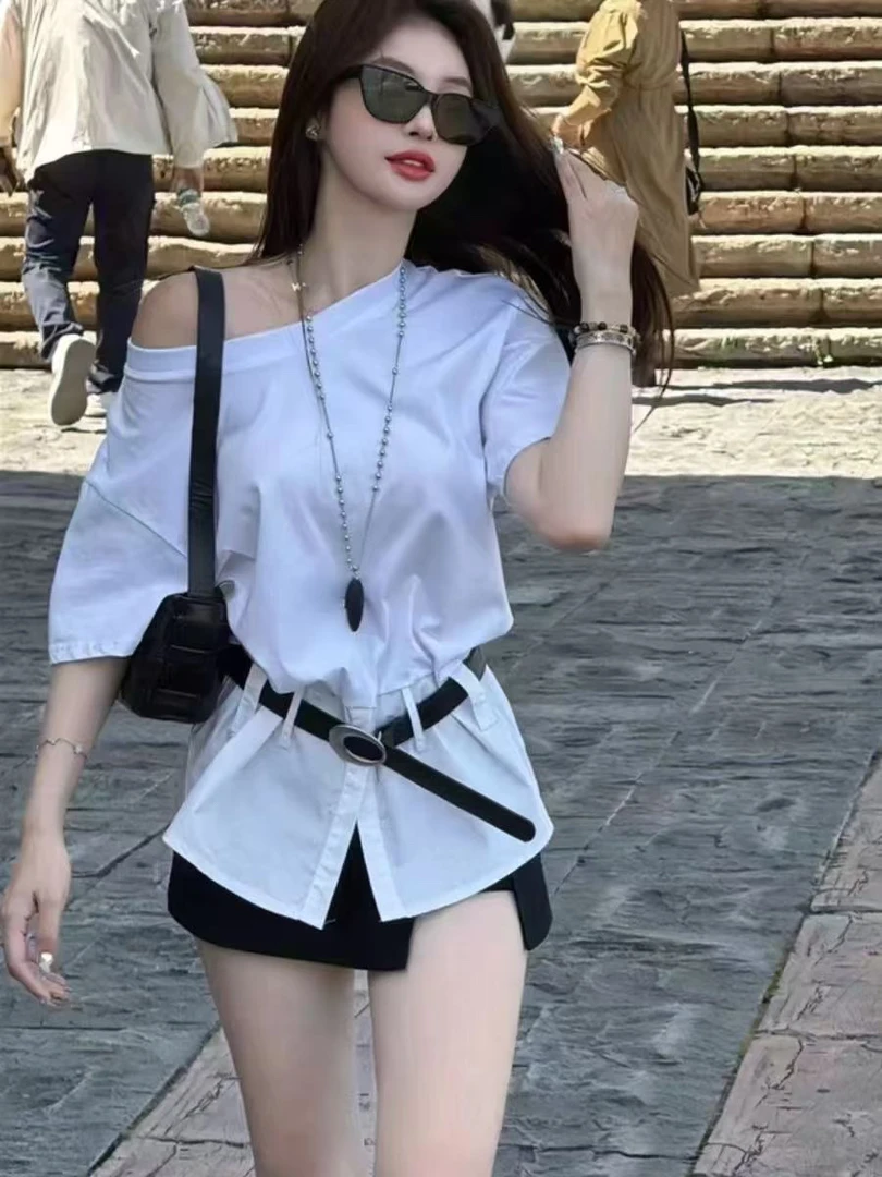 休闲风辣妹风收腰时尚套装显瘦小众韩版纯欲风上衣