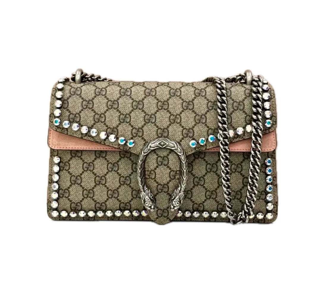 95新 GUCCI/古驰 GUCCI/古驰 酒神限量款中号老花拼粉镶钻单肩包