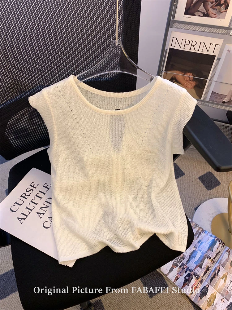 小心机镂空露背短袖针织衫女夏款设计感小众抽绳系带圆领冰丝上衣