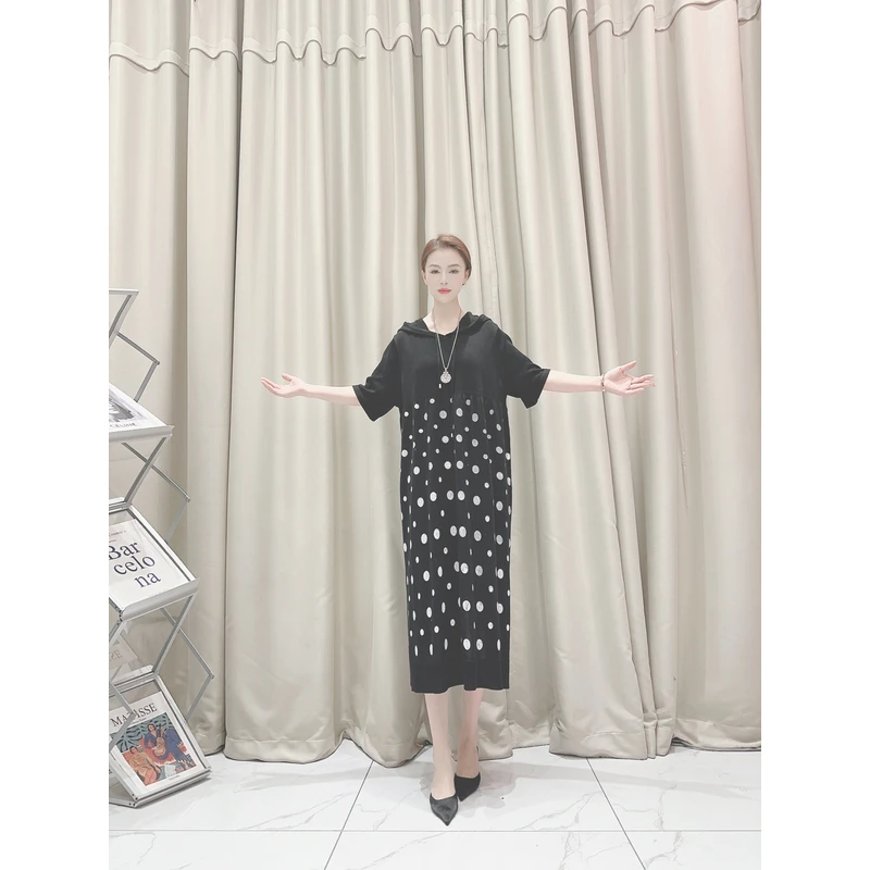 9216【春夏】黑波点抽绳带帽连衣裙中长款显瘦宽松气质夏季