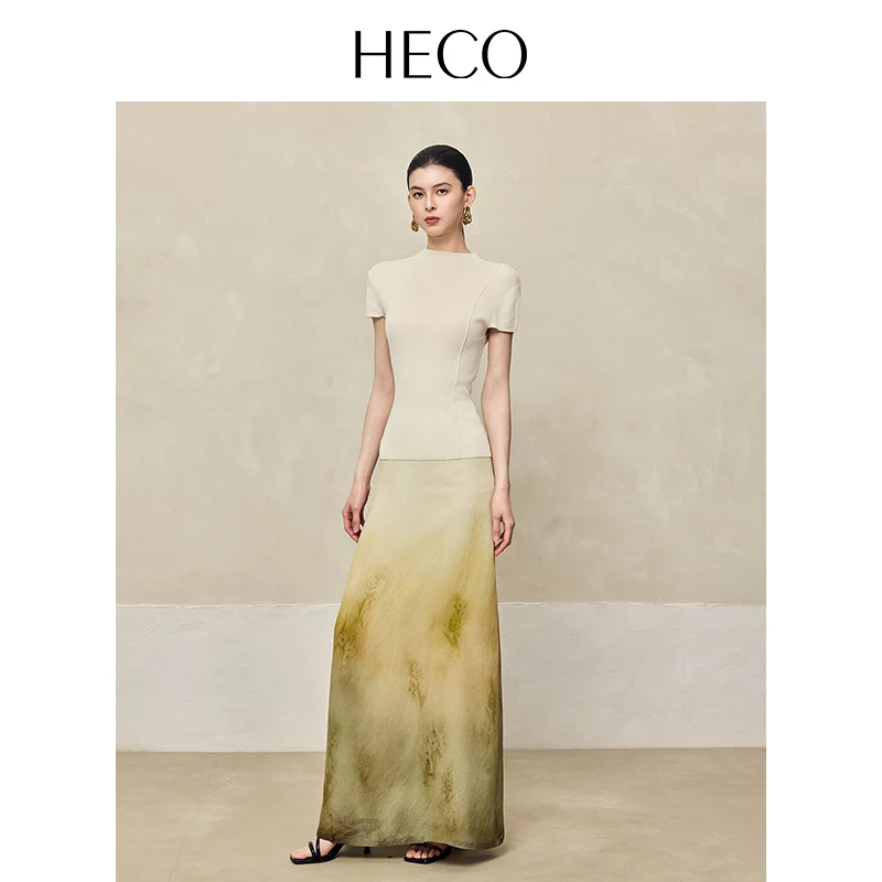 HECO【匀净】新中式国风2025夏季时尚凉感坑条半高领绿色短袖T恤女