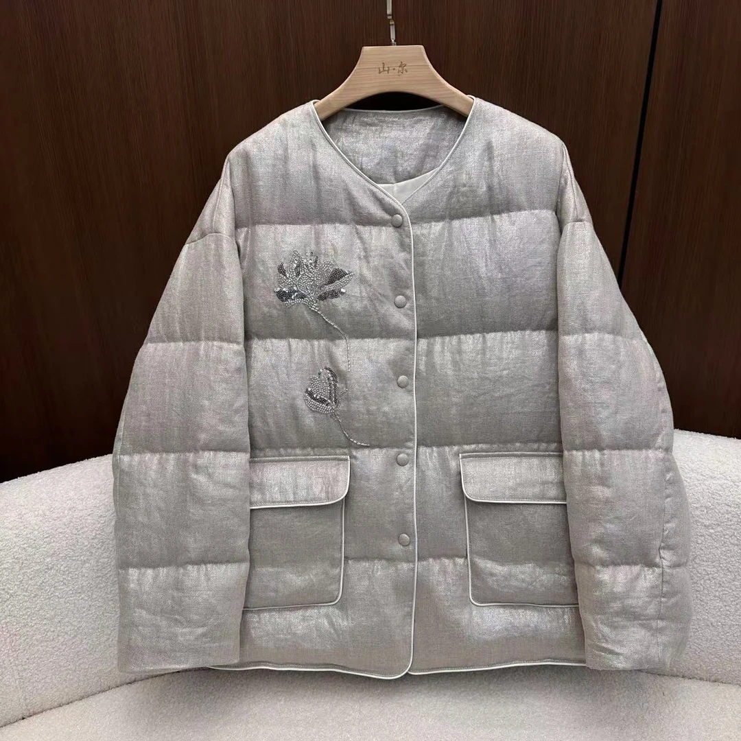 山.尔【芳若】新中式重工钉珠亚麻鹅绒羽绒服