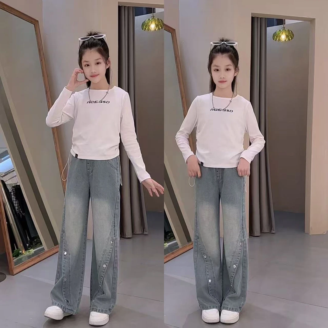 女童阔腿裤套装2025新款洋气穿搭大童牛仔裤儿童春秋打底衫套装