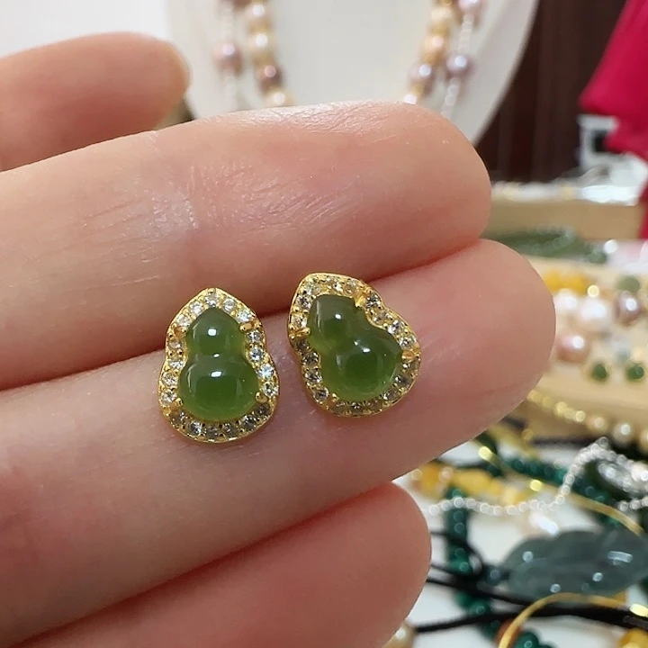 和***师和田玉（碧玉）银S925镶嵌耳饰通体银镶嵌葫芦耳钉优惠价