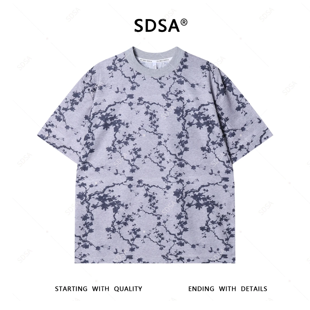 夏季高级感新款男士美式撞色水墨花卉短袖T恤简约休闲圆领上衣潮