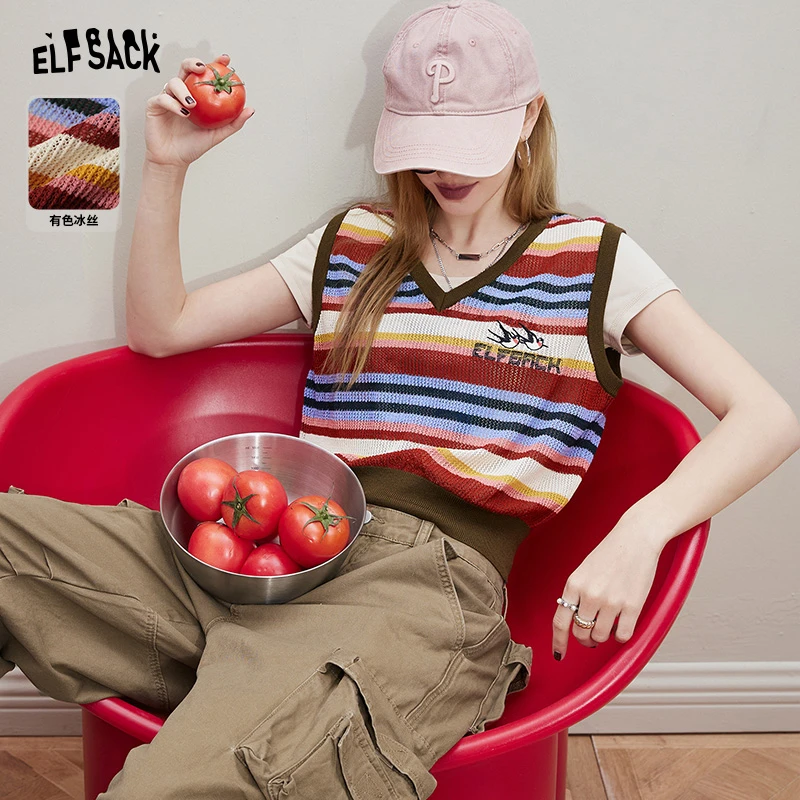 8008【金拐子】妖精的口袋叠穿俱乐部条纹v领针织马甲背心2024