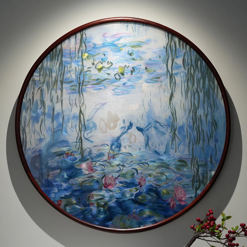 苏绣莫奈荷花挂画新中式手工刺绣荷花客厅玄关背景带框成品装饰画