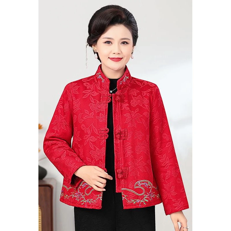 厚款百搭秋冬季妈妈装袄中老年民族风衣外套刺绣唐装妈妈复古时尚