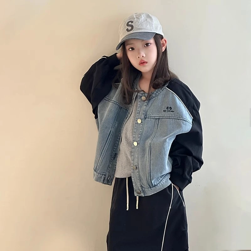 女童牛仔外套春秋装2025新款韩版儿童拼接撞色上衣大童女孩夹克衫
