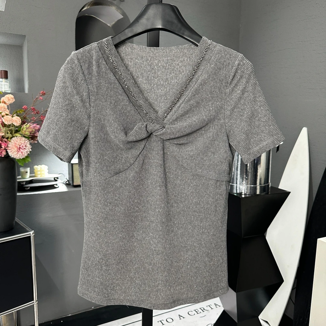 2025春夏款V领纯色女装百搭钉珠条纹V领短袖针织衫