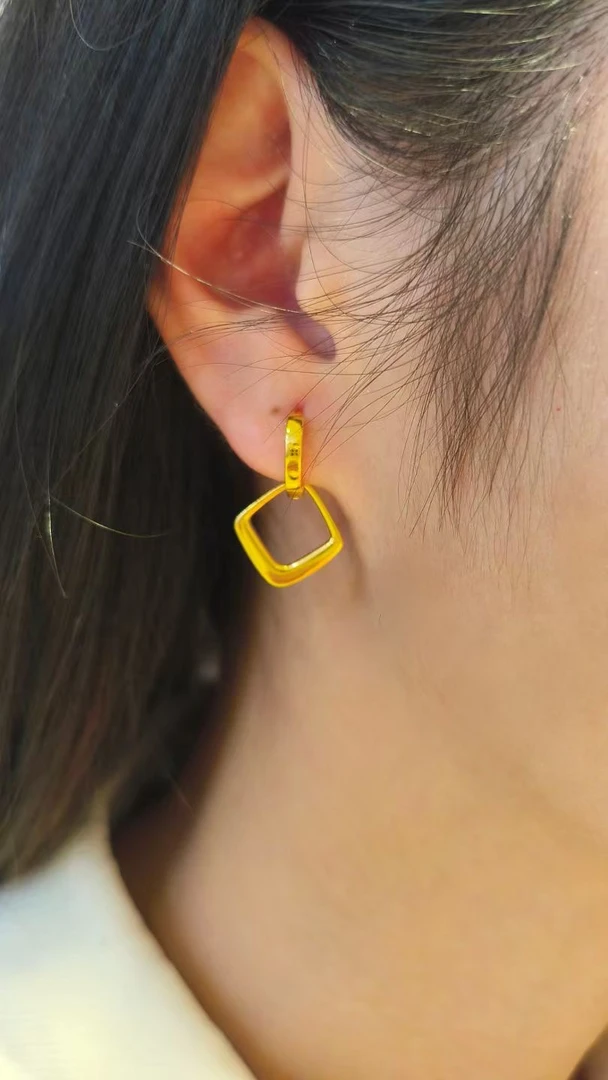 足银耳饰 夏天新款菱形ins耳环气质百搭简约个性耳圈环环相扣素款