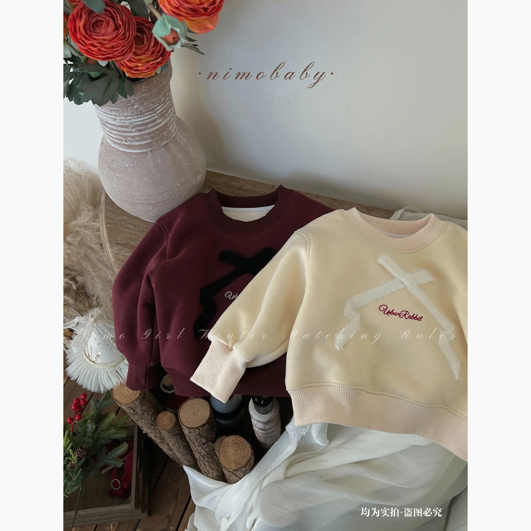 NIMO【酒心巧克力】韩版冬款女宝宝蝴蝶结休闲百搭加绒卫衣