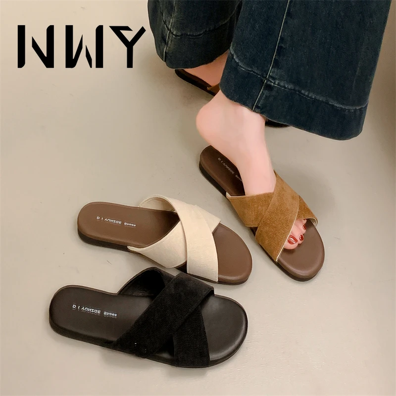 小香风交叉一字拖鞋女士外穿夏季新款海边度假仙女风平软底凉拖鞋