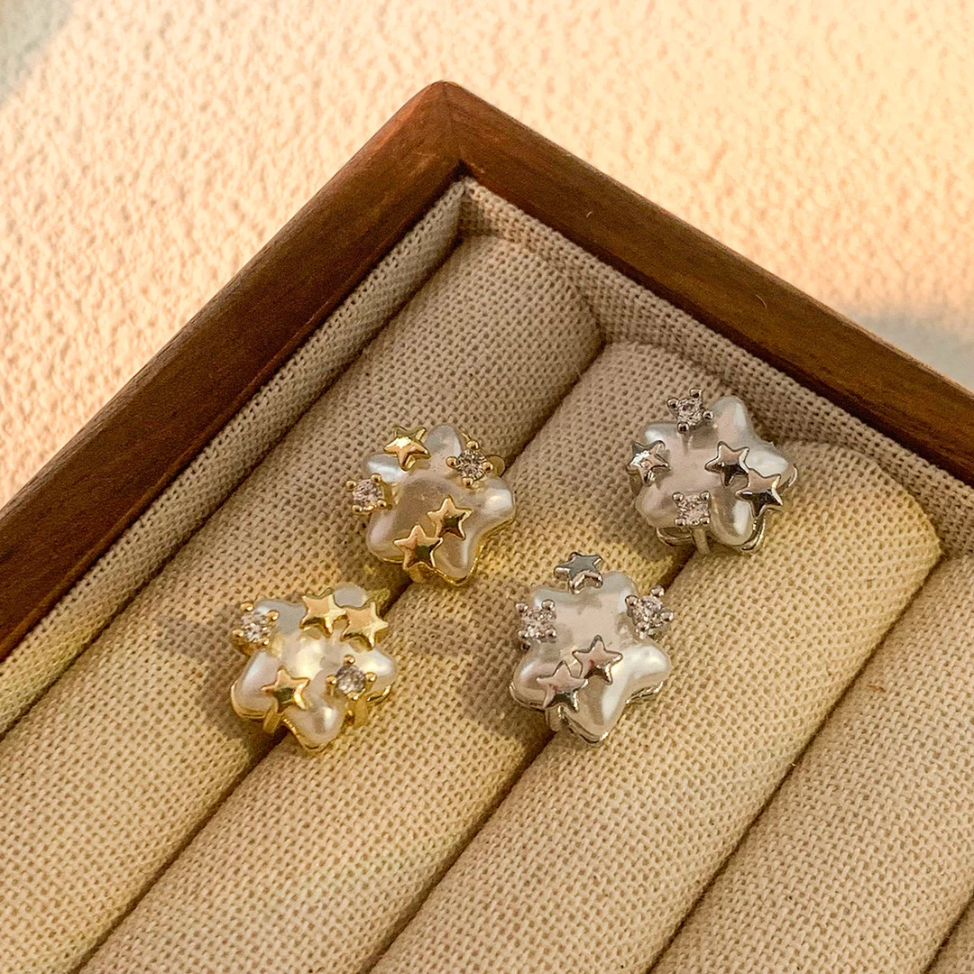 铜合金锆石耳饰 法式轻奢气质小众设计耳环高级感珍珠星星耳钉