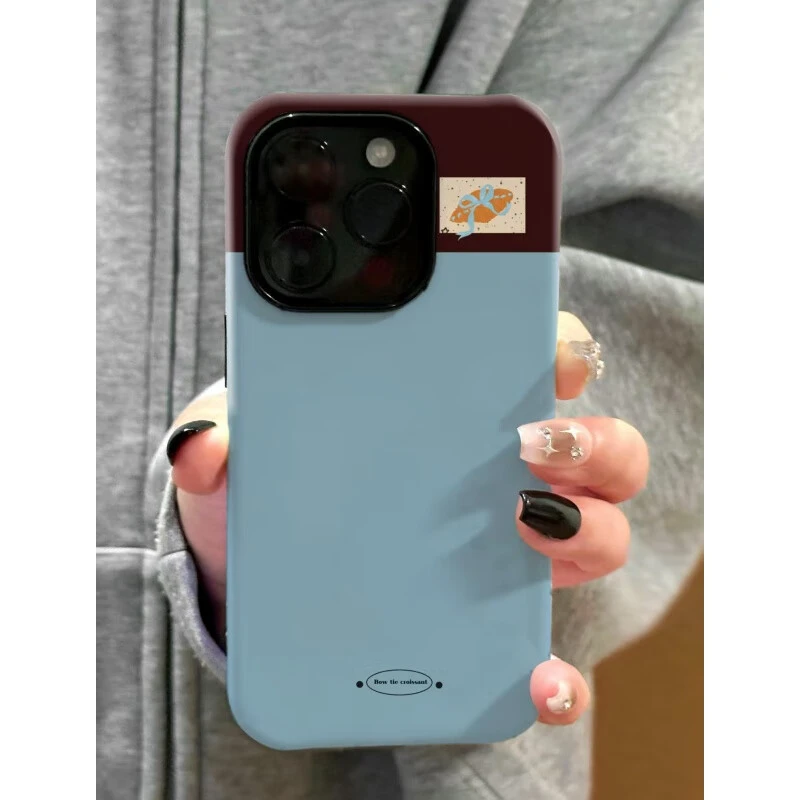 简约蓝棕牛角包适用苹果16promax菲林二合一手机壳iPhone15/14/13