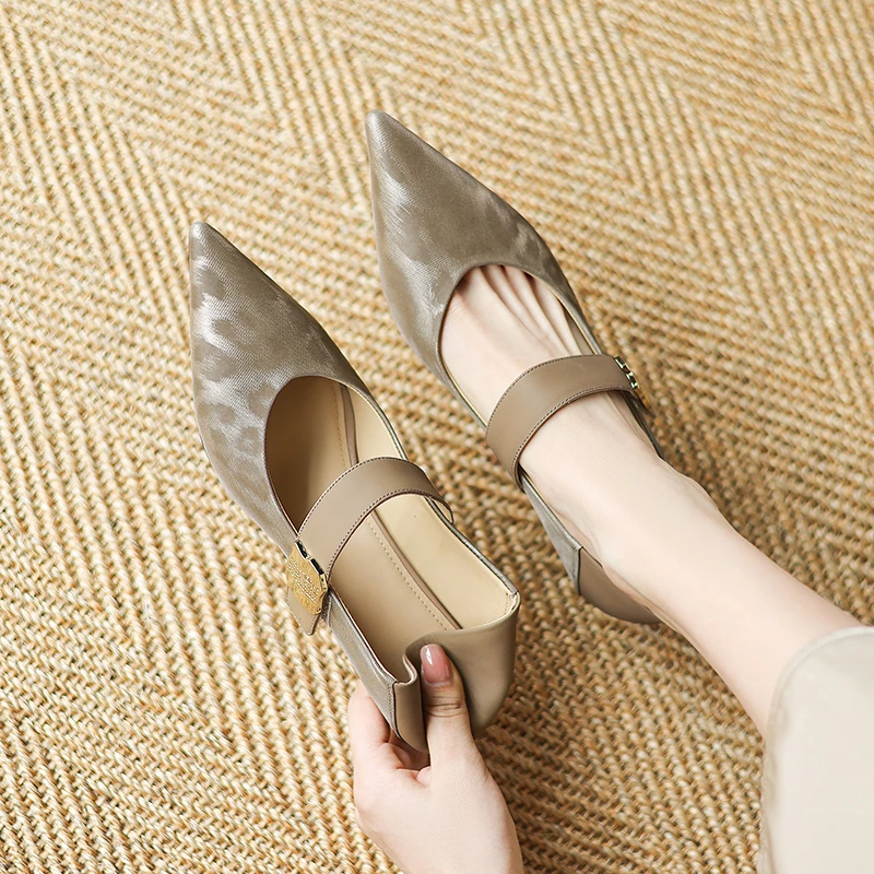 5cm复古百搭细高跟鞋女时尚尖头显瘦一字带单鞋春秋真皮浅口女鞋