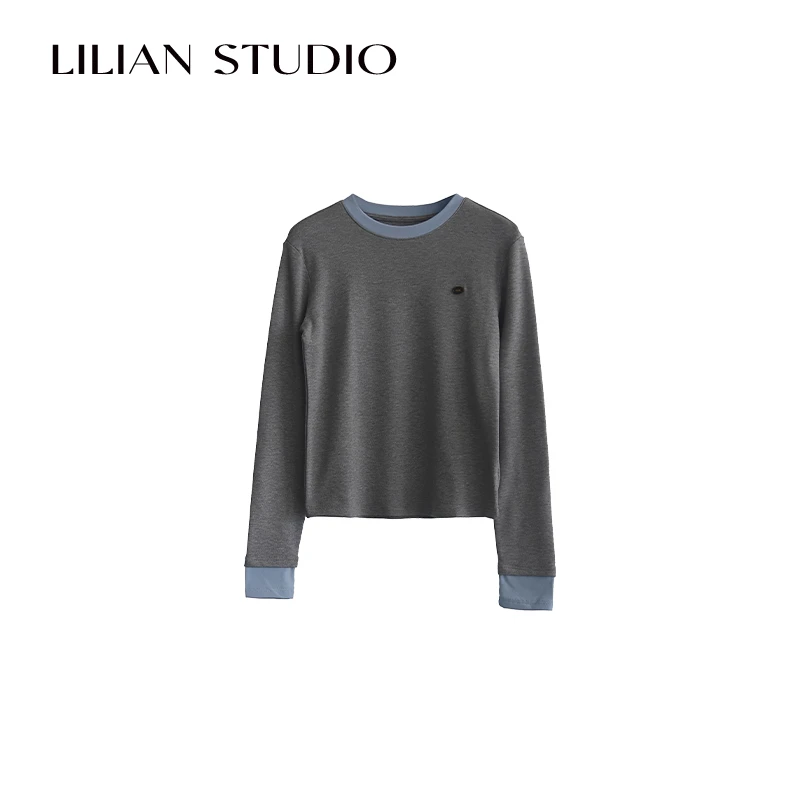 莉莉Lilian 设计感撞色拼接假两件T恤25春时髦层次感磨毛上衣女