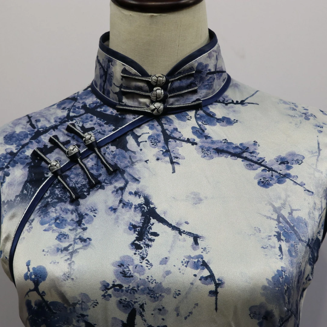 赵氏旗袍长款桑蚕丝旗袍气质蓝色夏季少女复古日常中国风民国风