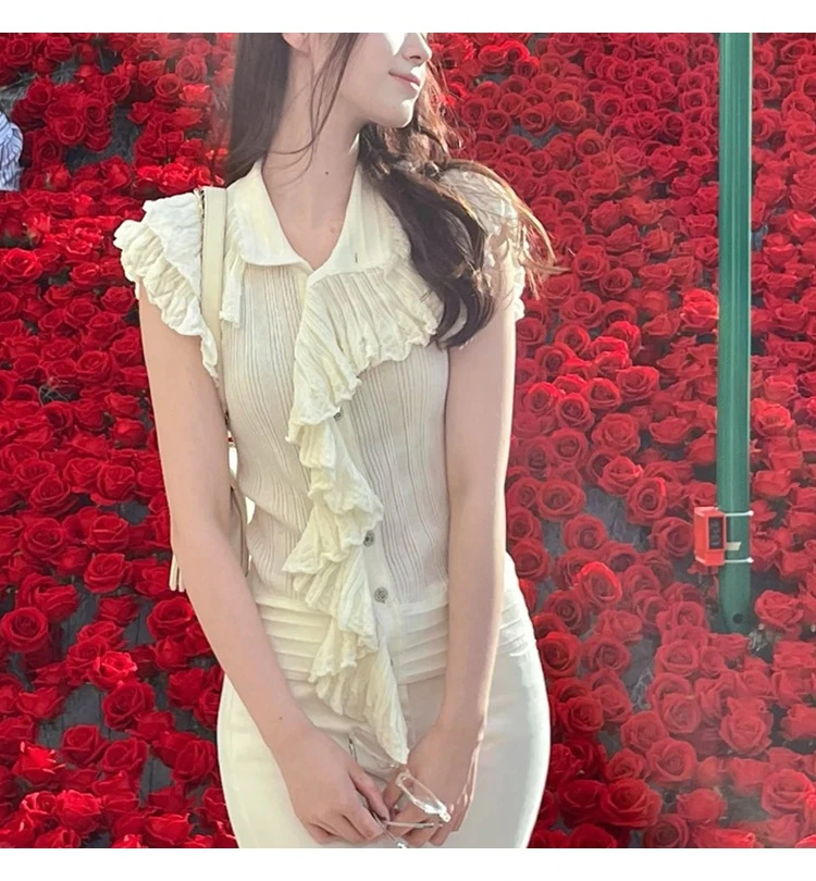 显瘦小香温柔风木耳边夏季白色针织开衫女洋气别致小衫无袖上衣