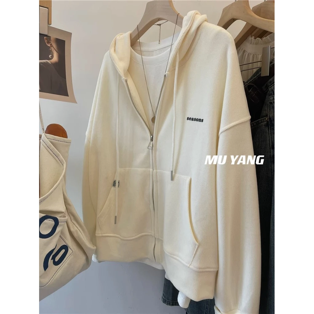 2025韩版休闲小众连帽开衫卫衣秋冬季新款简约宽松慵懒正肩女外套