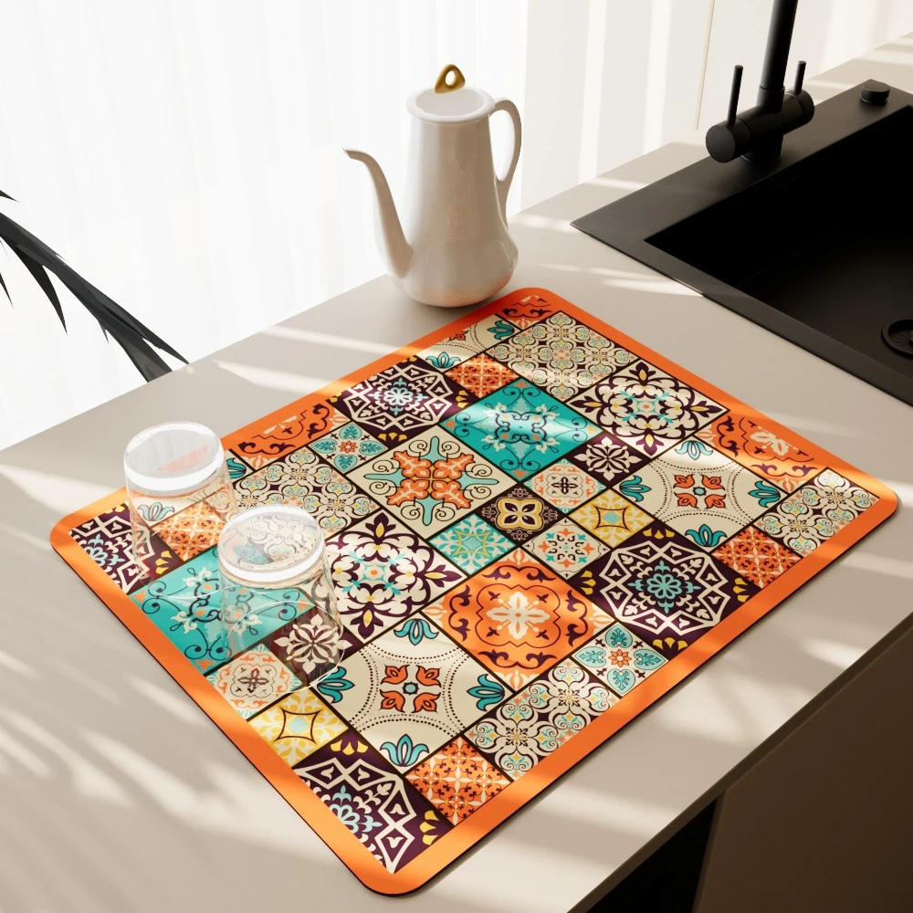 北欧复古花砖沥水垫桌面隔热垫杯碗餐垫家用吸水垫美式速干防滑垫