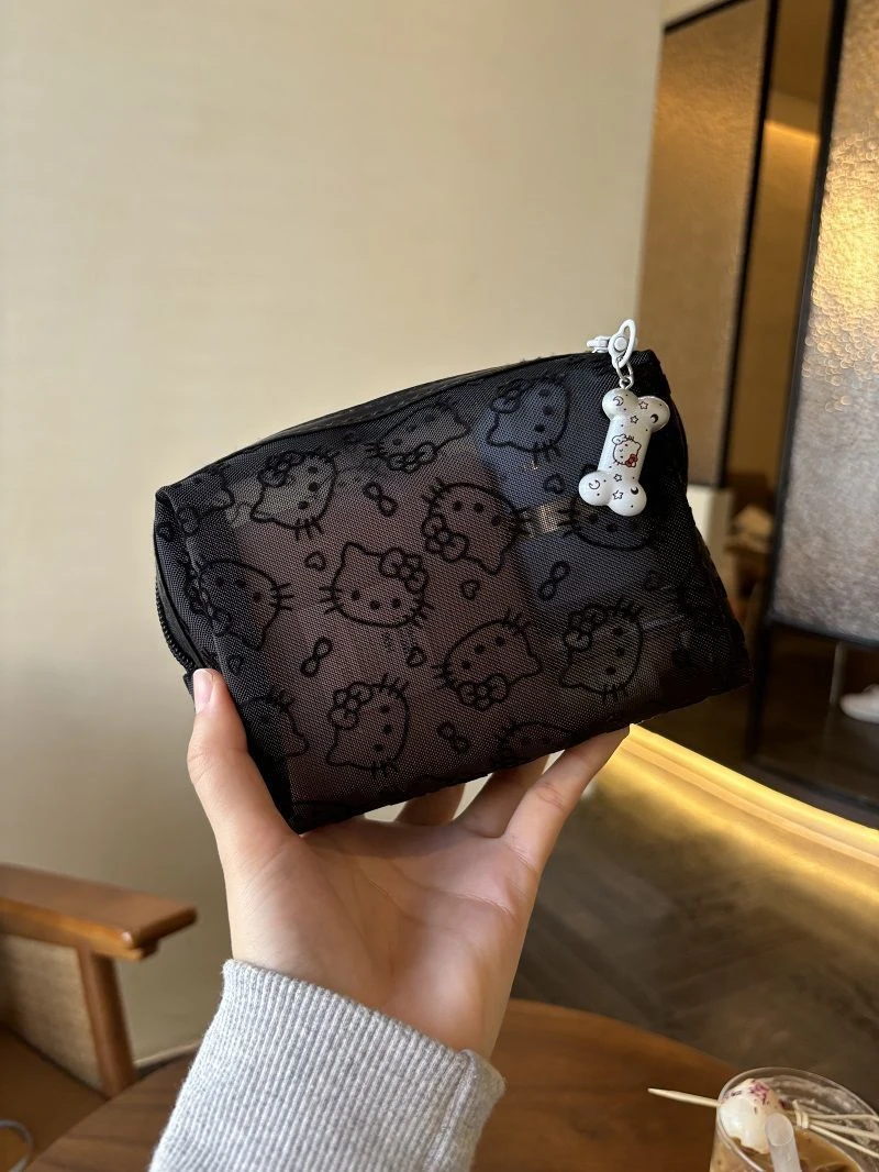 简约可爱黑色网纱kitty化妆包便携大容量收纳包手拿补妆包耐脏s