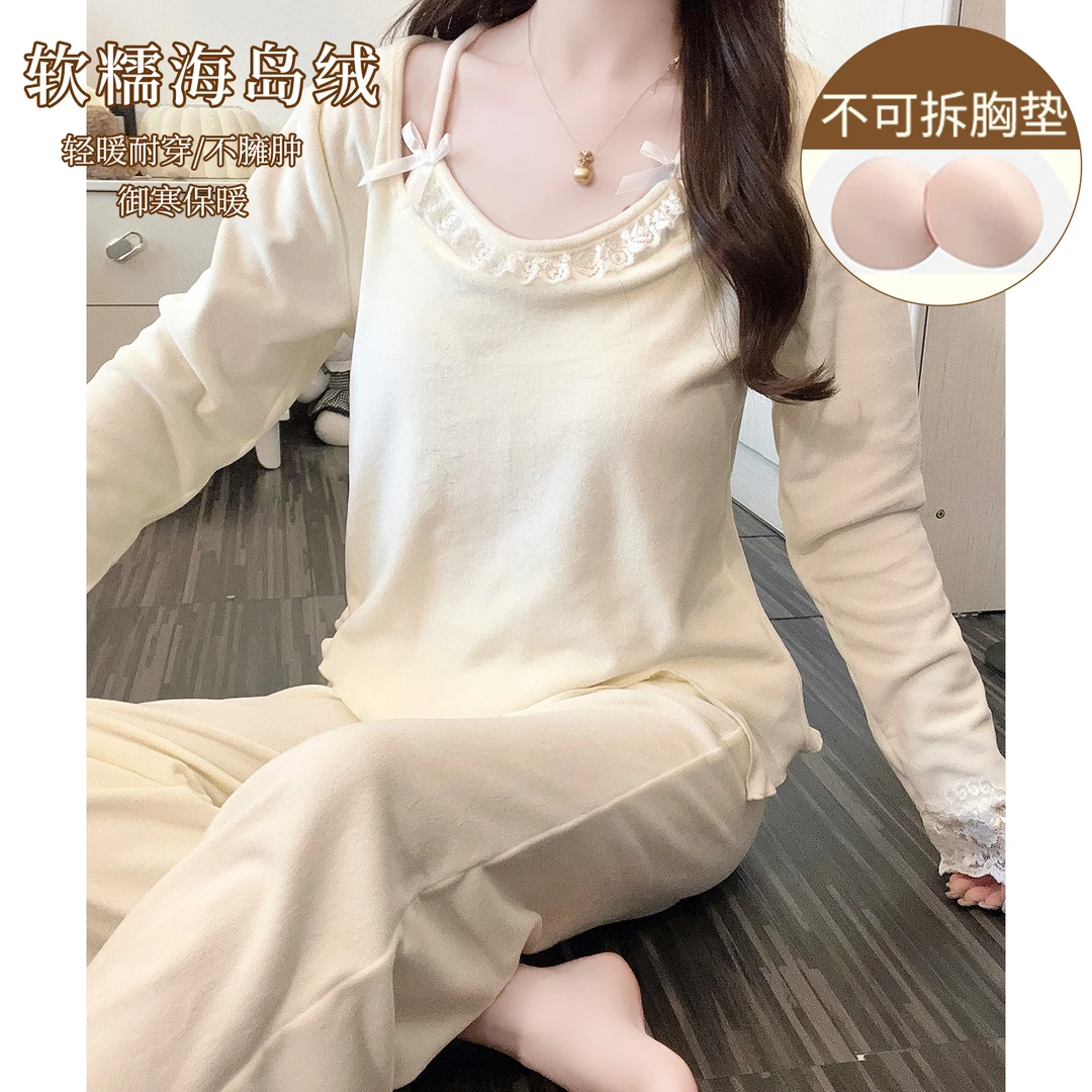 睡衣女秋冬季2025新款假两件温柔蕾丝蝴蝶结保暖海岛绒家居服套装
