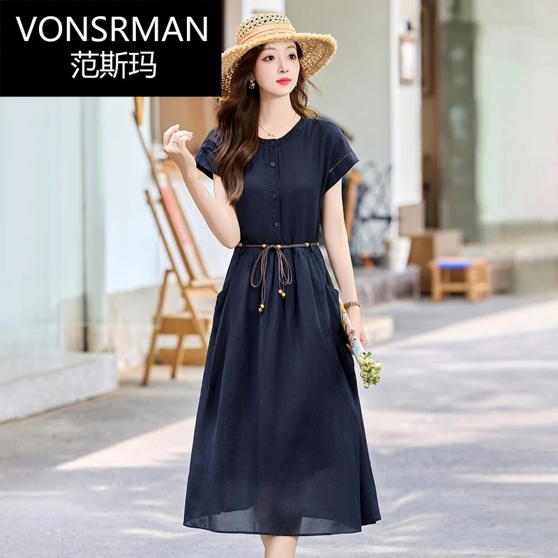 VONSRMAN高级感藏青色气质连衣裙女2025夏季新款系带收腰显瘦通勤