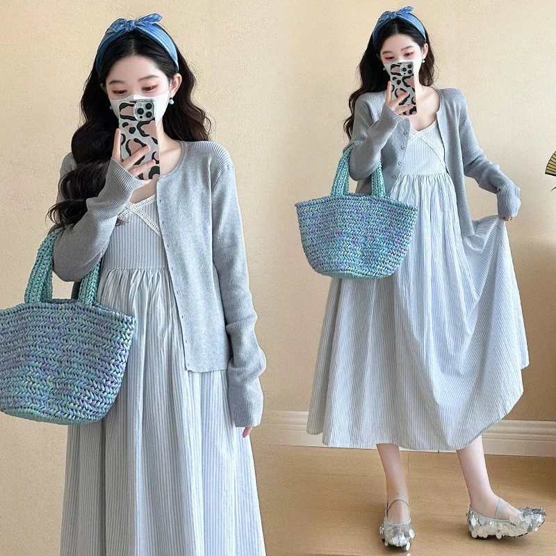 春装新款韩版孕妇装甜美条纹连衣裙气质淑女吊带裙+针织外套套装
