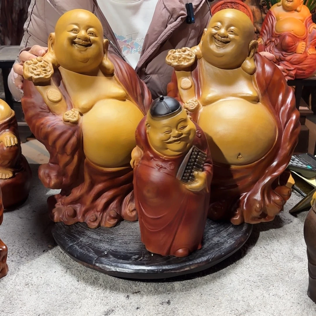 富***祥香樟木三个人物木雕摆件