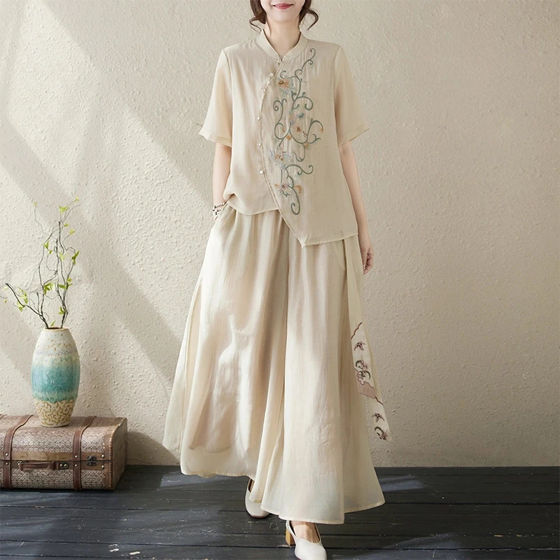 复古民族风刺绣不规则立领短袖上衣夏新款飘逸垂感阔腿裙裤套装女